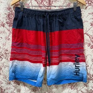 Hurley Red White Blue Striped Board Shorts Swim Trunks Men’s Large